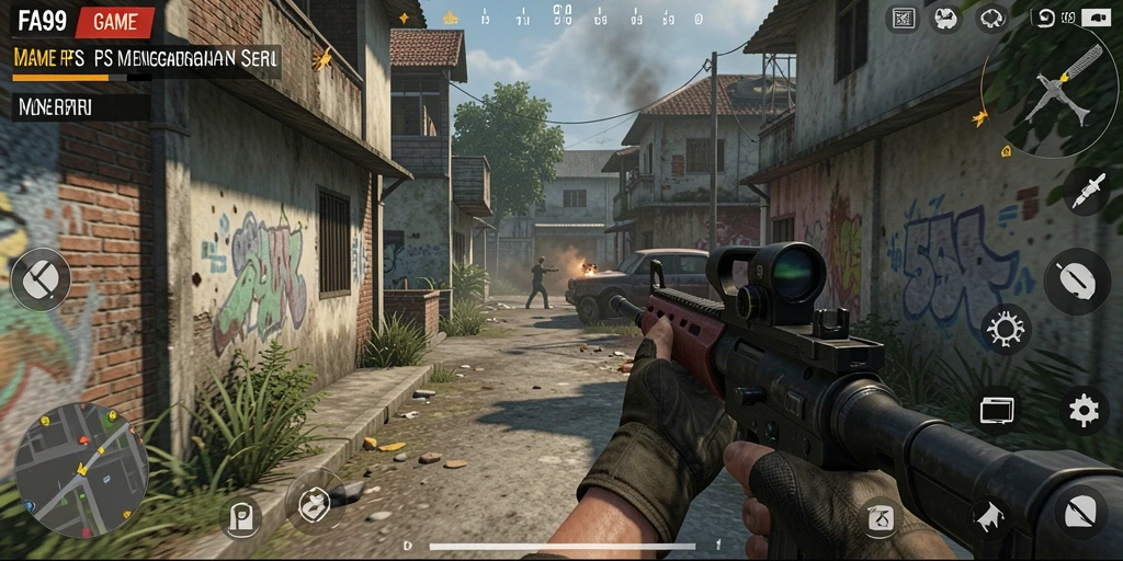 Gameplay seru FA99 dengan aksi tembak-menembak yang intens.
