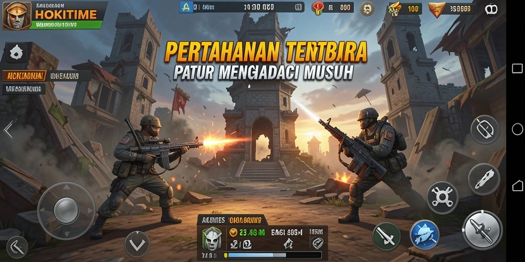 Tampilan gameplay HOKITIME dengan pertahanan menara yang strategis.