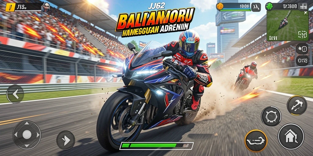 Tampilan gameplay seru dalam JJ62 dengan berbagai trek dan motor kustom.