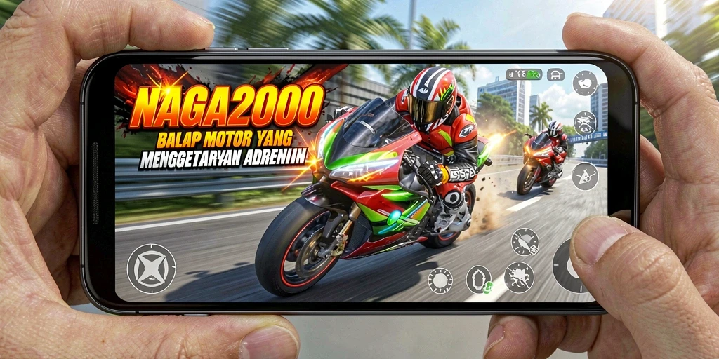 Tampilan gameplay seru dalam NAGA2000 dengan aksi balap motor yang mendebarkan.