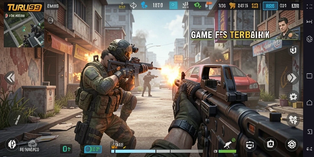 Gameplay mendebarkan dari TURU99 dengan aksi tembak-menembak intens.